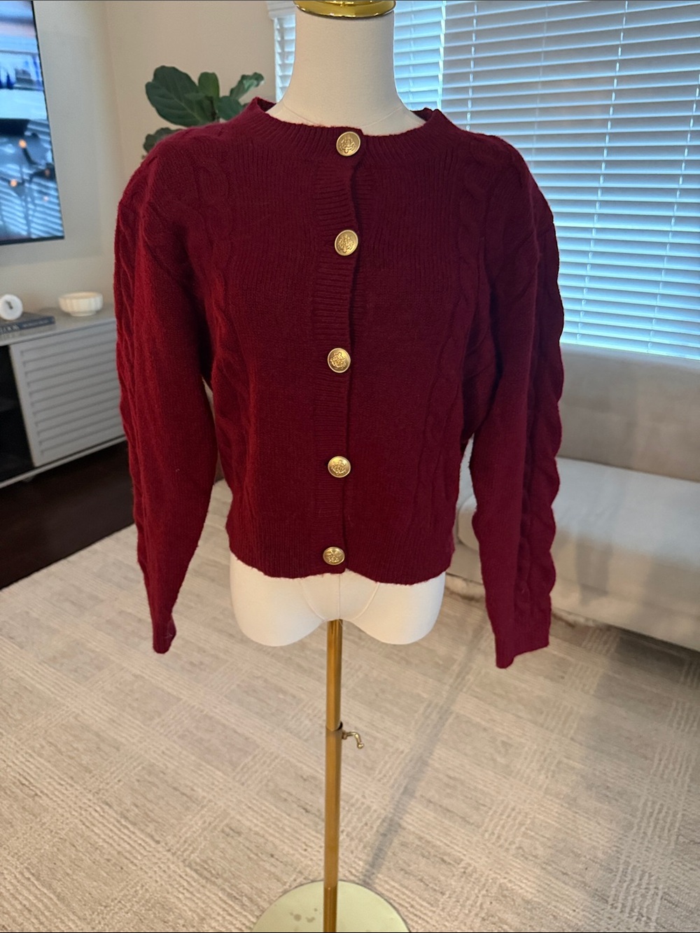 J. Crew Burgundy Cable-Knit Gold Button Cardigan